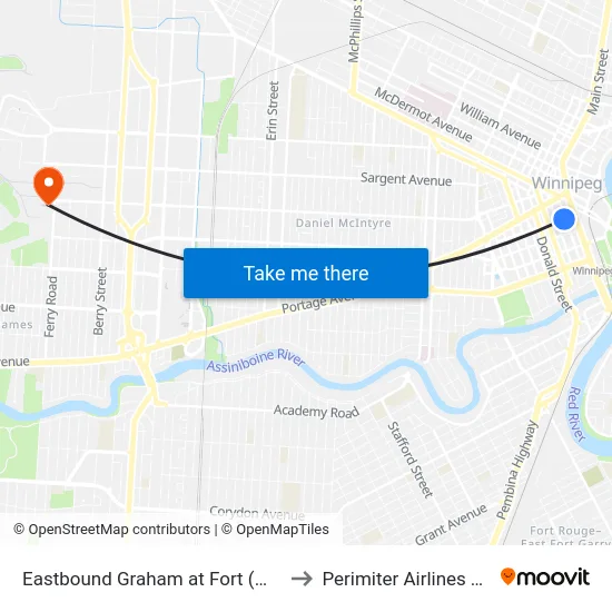 Eastbound Graham at Fort (Wpg Square) to Perimiter Airlines Terminal map