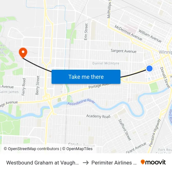 Westbound Graham at Vaughan (The Bay) to Perimiter Airlines Terminal map
