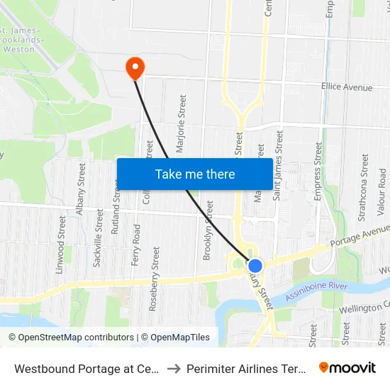 Westbound Portage at Century to Perimiter Airlines Terminal map