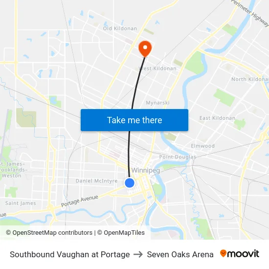 Southbound Vaughan at Portage to Seven Oaks Arena map