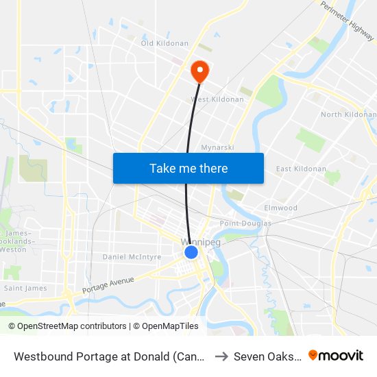 Westbound Portage at Donald (Canada Life Centre) to Seven Oaks Arena map