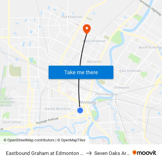 Eastbound Graham at Edmonton (Rwb) to Seven Oaks Arena map