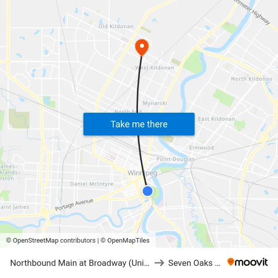 Northbound Main at Broadway (Union Station) to Seven Oaks Arena map