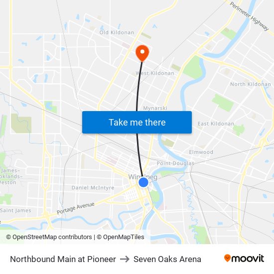 Northbound Main at Pioneer to Seven Oaks Arena map