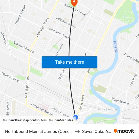 Northbound Main at James (Concert Hall) to Seven Oaks Arena map