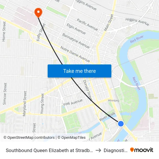 Southbound Queen Elizabeth at Stradbrook to Diagnostics map
