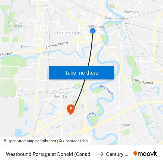 Westbound Portage at Donald (Canada Life Centre) to Century Arena map