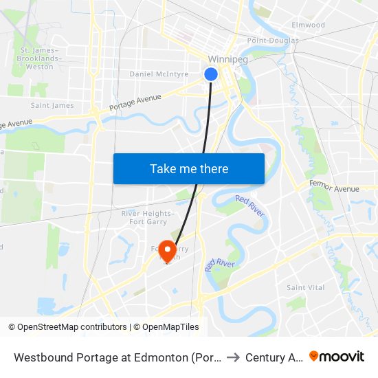 Westbound Portage at Edmonton (Portage Place) to Century Arena map