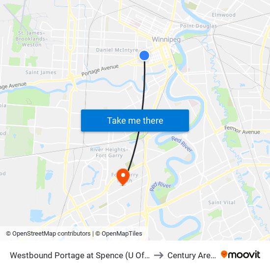 Westbound Portage at Spence (U Of W) to Century Arena map