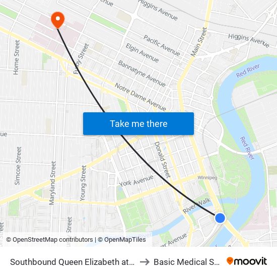 Southbound Queen Elizabeth at Stradbrook to Basic Medical Sciences map