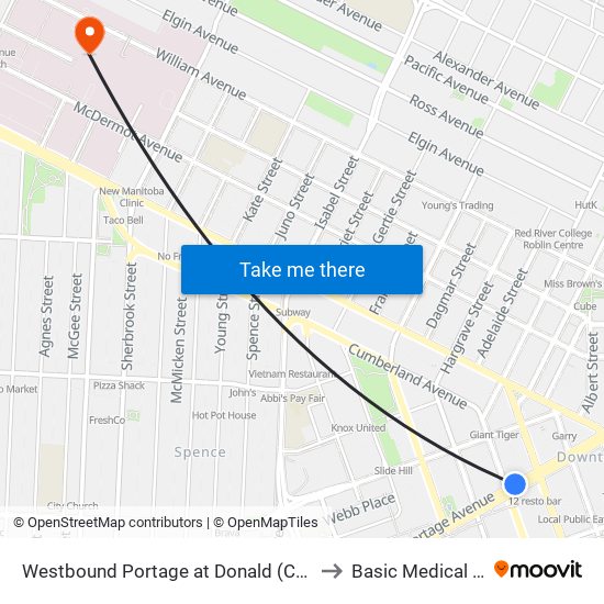 Westbound Portage at Donald (Canada Life Centre) to Basic Medical Sciences map