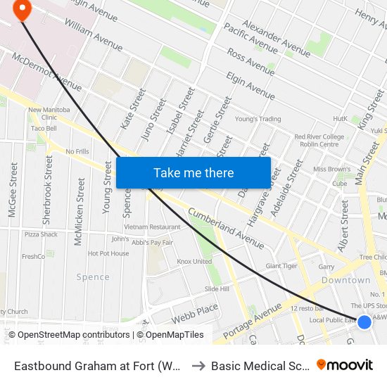 Eastbound Graham at Fort (Wpg Square) to Basic Medical Sciences map