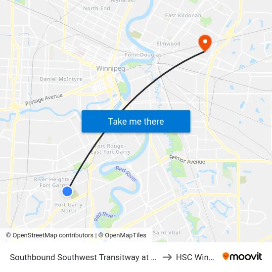 Southbound Southwest Transitway at Seel Station to HSC Winnipeg map