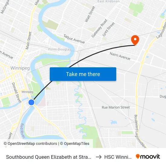 Southbound Queen Elizabeth at Stradbrook to HSC Winnipeg map