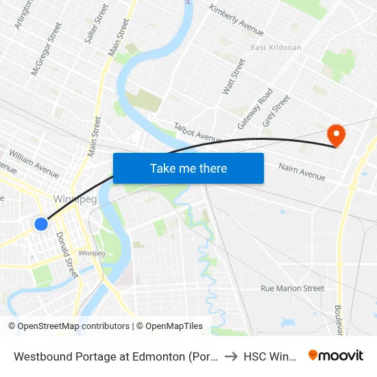 Westbound Portage at Edmonton (Portage Place) to HSC Winnipeg map