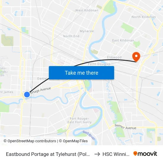 Eastbound Portage at Tylehurst (Polo Park) to HSC Winnipeg map