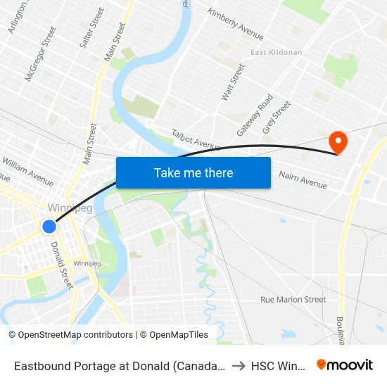 Eastbound Portage at Donald (Canada Life Centre) to HSC Winnipeg map