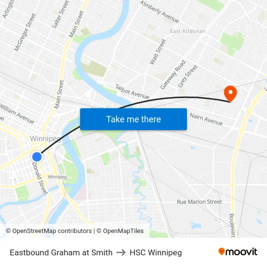 Eastbound Graham at Smith to HSC Winnipeg map
