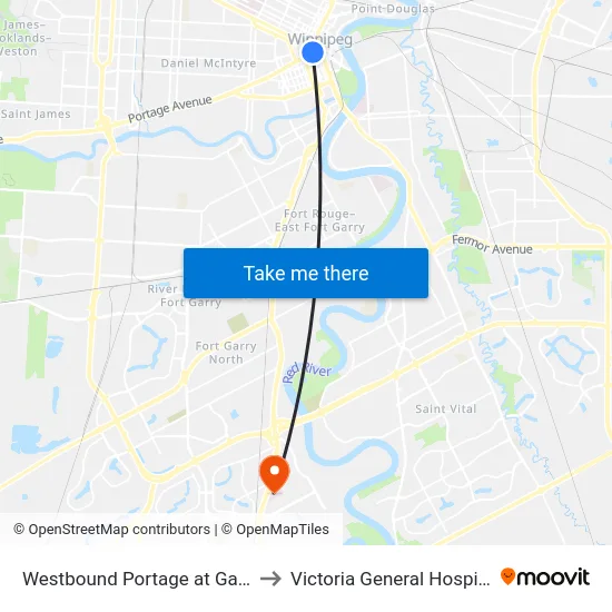 Westbound Portage at Garry to Victoria General Hospital map