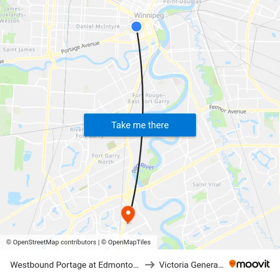 Westbound Portage at Edmonton (Portage Place) to Victoria General Hospital map