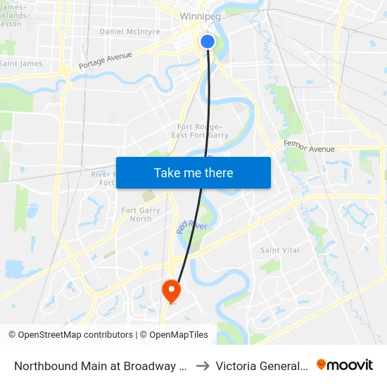 Northbound Main at Broadway (Union Station) to Victoria General Hospital map