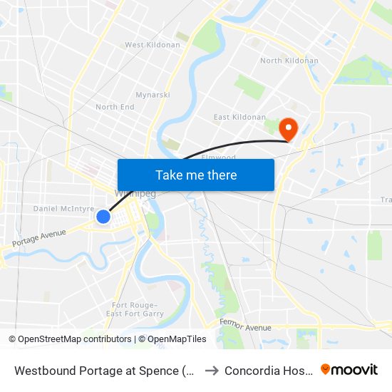 Westbound Portage at Spence (U Of W) to Concordia Hospital map