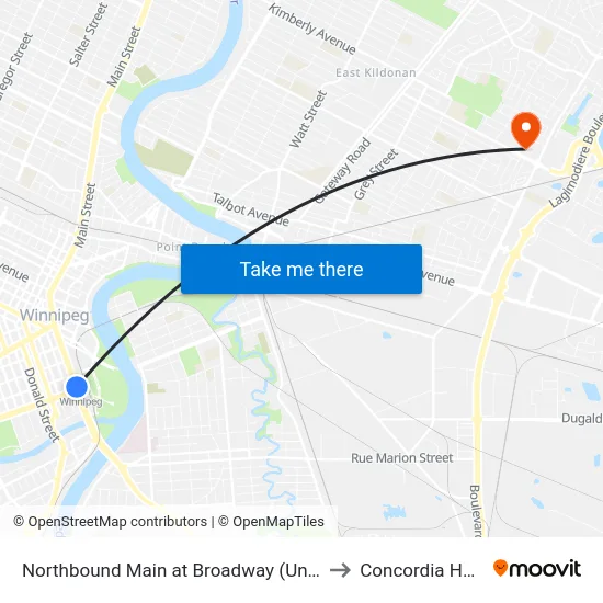 Northbound Main at Broadway (Union Station) to Concordia Hospital map