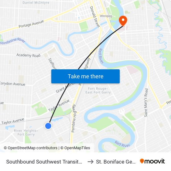 Southbound Southwest Transitway at Beaumont Station to St. Boniface General Hospital map