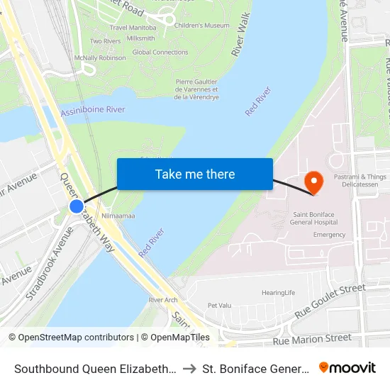 Southbound Queen Elizabeth at Stradbrook to St. Boniface General Hospital map