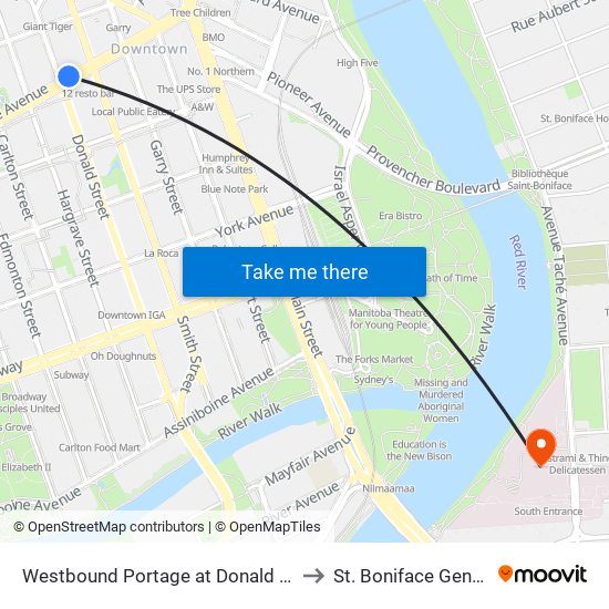 Westbound Portage at Donald (Canada Life Centre) to St. Boniface General Hospital map