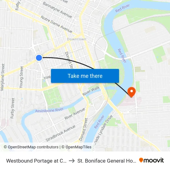 Westbound Portage at Colony to St. Boniface General Hospital map