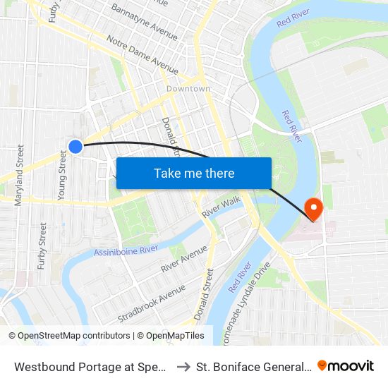 Westbound Portage at Spence (U Of W) to St. Boniface General Hospital map