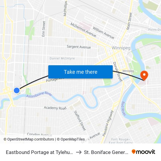 Eastbound Portage at Tylehurst (Polo Park) to St. Boniface General Hospital map