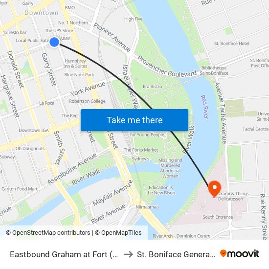 Eastbound Graham at Fort (Wpg Square) to St. Boniface General Hospital map
