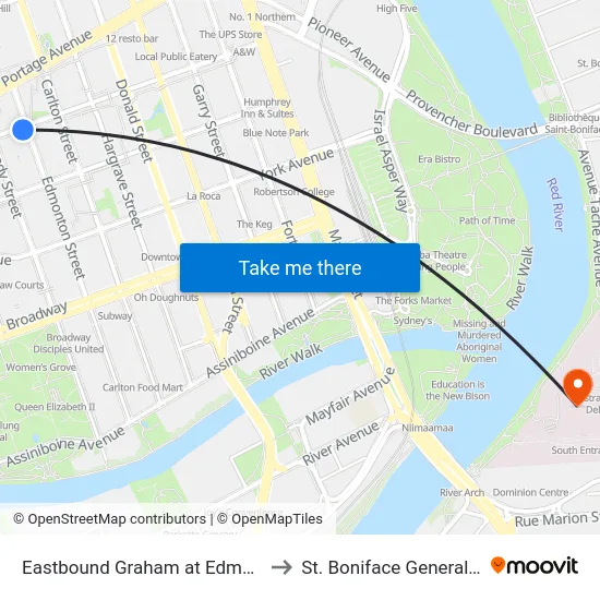 Eastbound Graham at Edmonton (Rwb) to St. Boniface General Hospital map