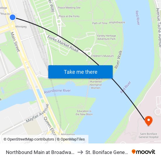 Northbound Main at Broadway (Union Station) to St. Boniface General Hospital map