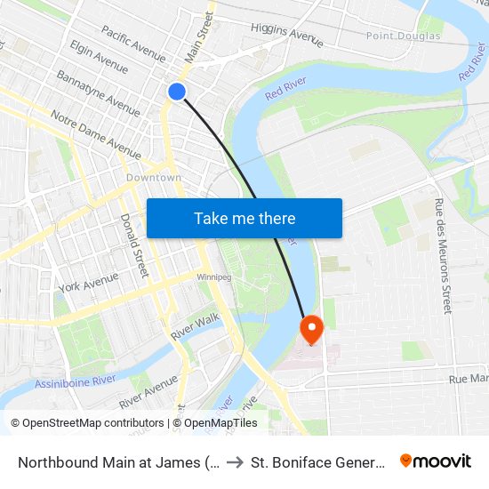 Northbound Main at James (Concert Hall) to St. Boniface General Hospital map