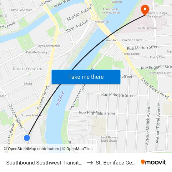 Southbound Southwest Transitway at Osborne Station to St. Boniface General Hospital map