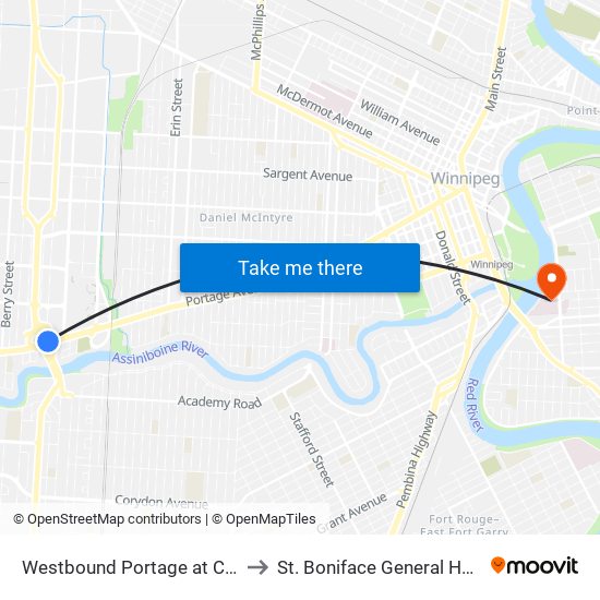 Westbound Portage at Century to St. Boniface General Hospital map