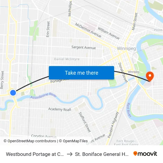Westbound Portage at Century to St. Boniface General Hospital map