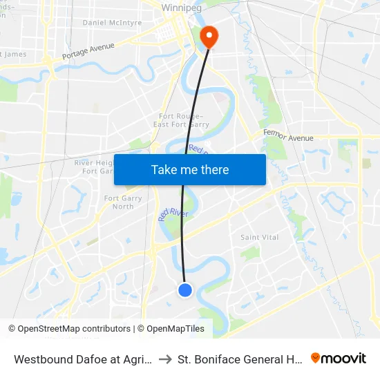 Westbound Dafoe at Agriculture to St. Boniface General Hospital map