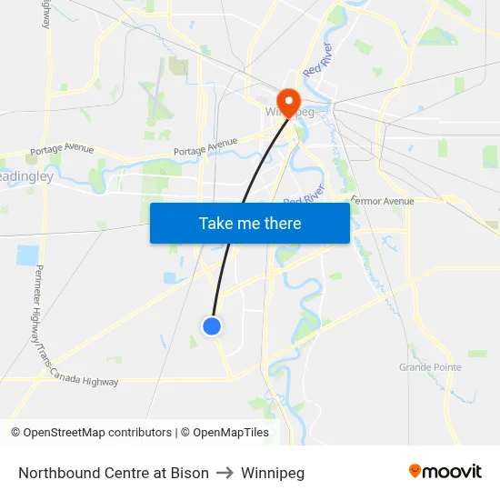 Northbound Centre at Bison to Winnipeg map