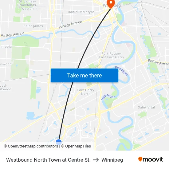 Westbound North Town at Centre St. to Winnipeg map