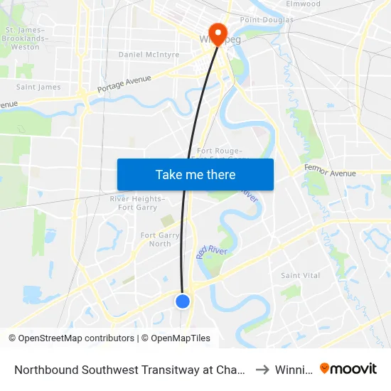 Northbound Southwest Transitway at Chancellor Station to Winnipeg map