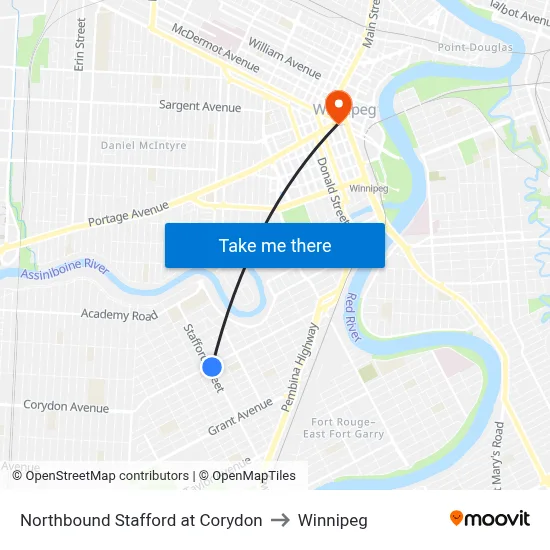 Northbound Stafford at Corydon to Winnipeg map