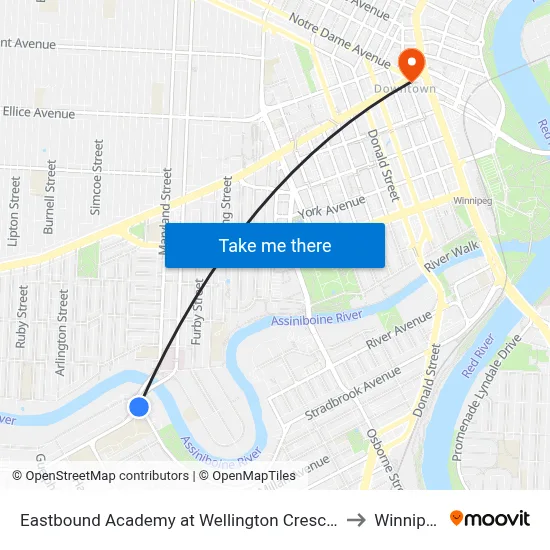Eastbound Academy at Wellington Crescent to Winnipeg map