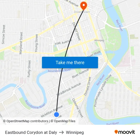 Eastbound Corydon at Daly to Winnipeg map