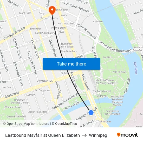 Eastbound Mayfair at Queen Elizabeth to Winnipeg map