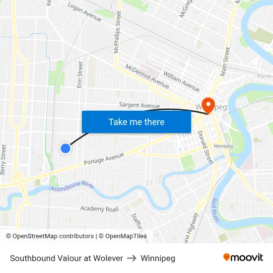 Southbound Valour at Wolever to Winnipeg map