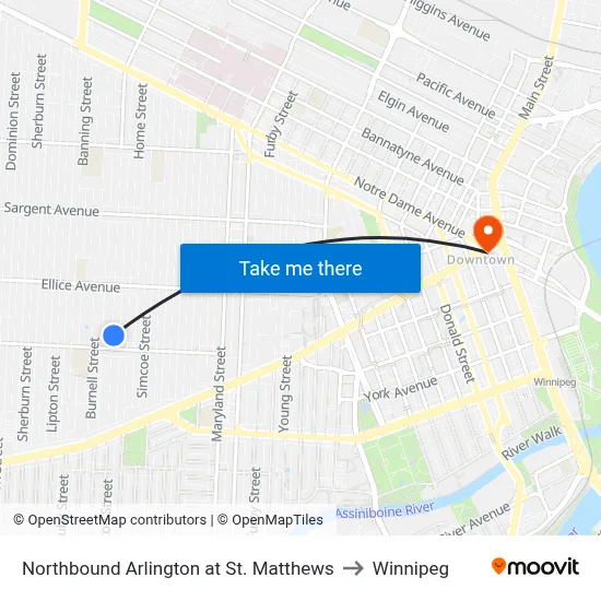 Northbound Arlington at St. Matthews to Winnipeg map